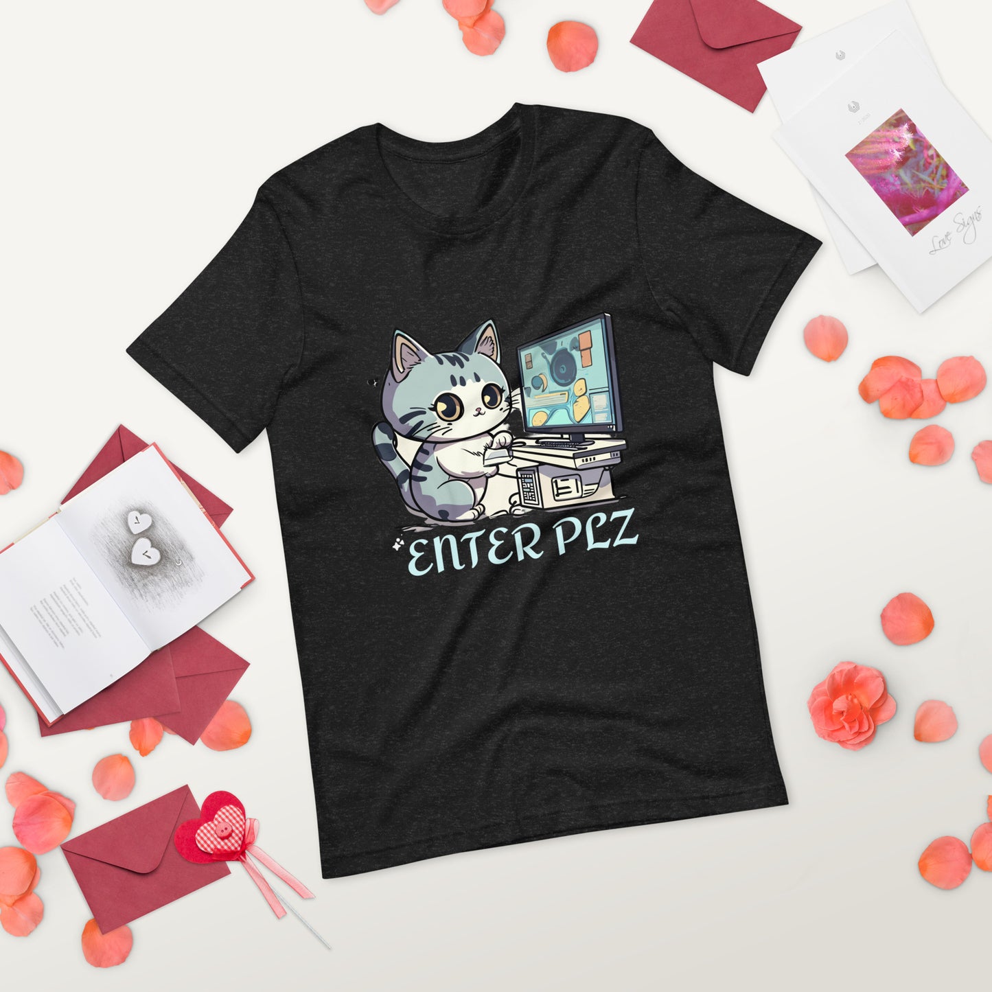 cat on computer print t-shirt