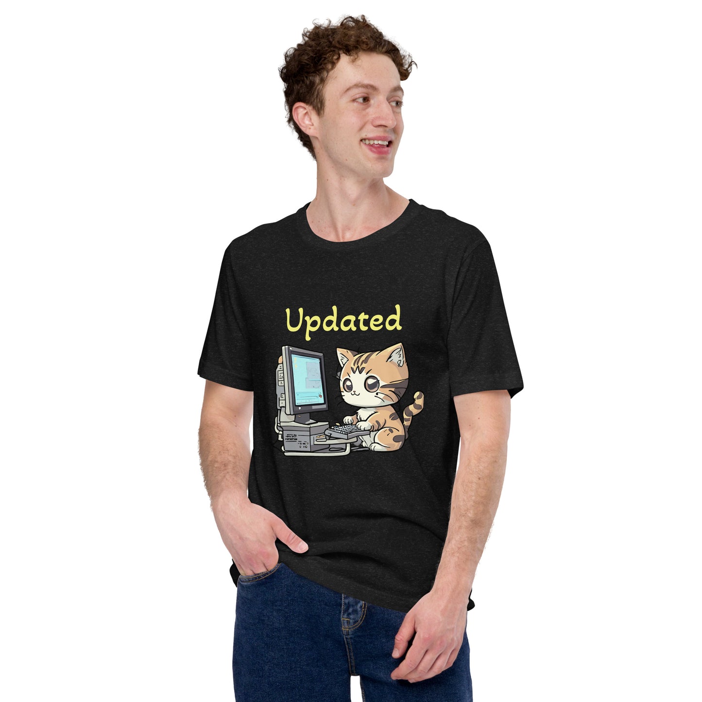 cat with computer print t-shirt