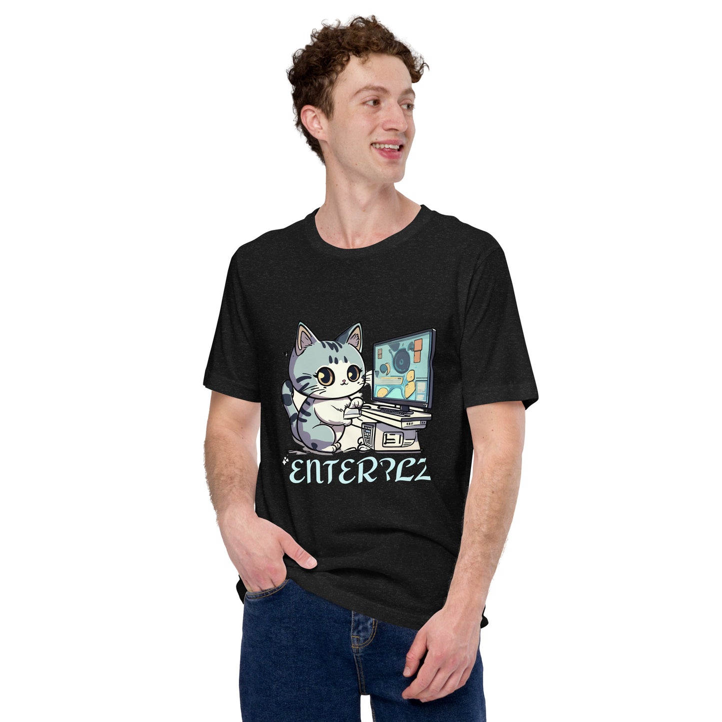 cat on computer print t-shirt