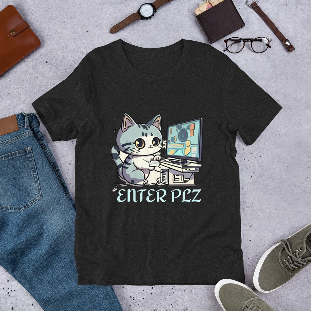 cat on computer print t-shirt