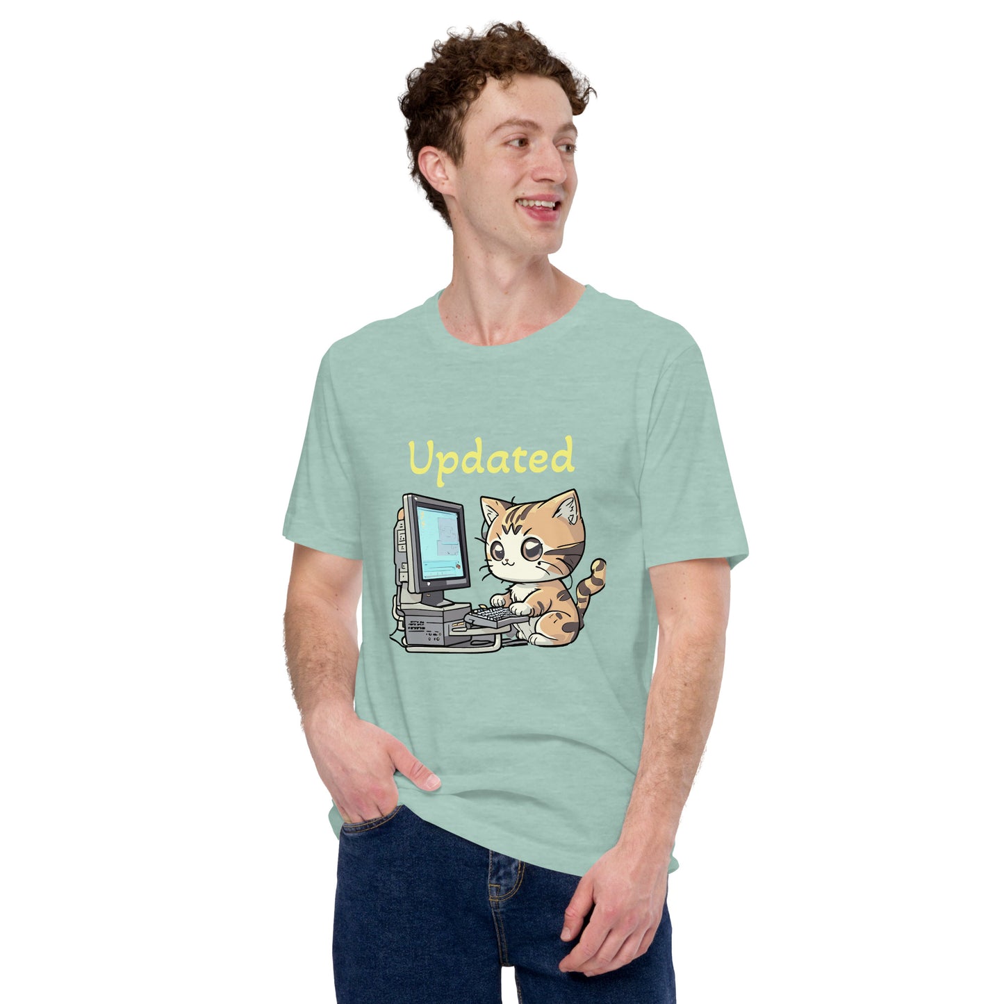 cat with computer print t-shirt