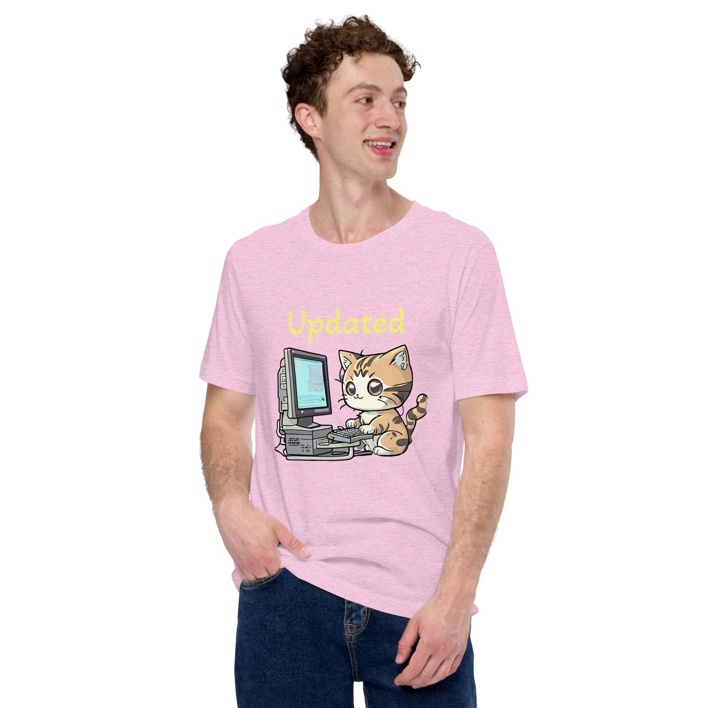 cat with computer print t-shirt