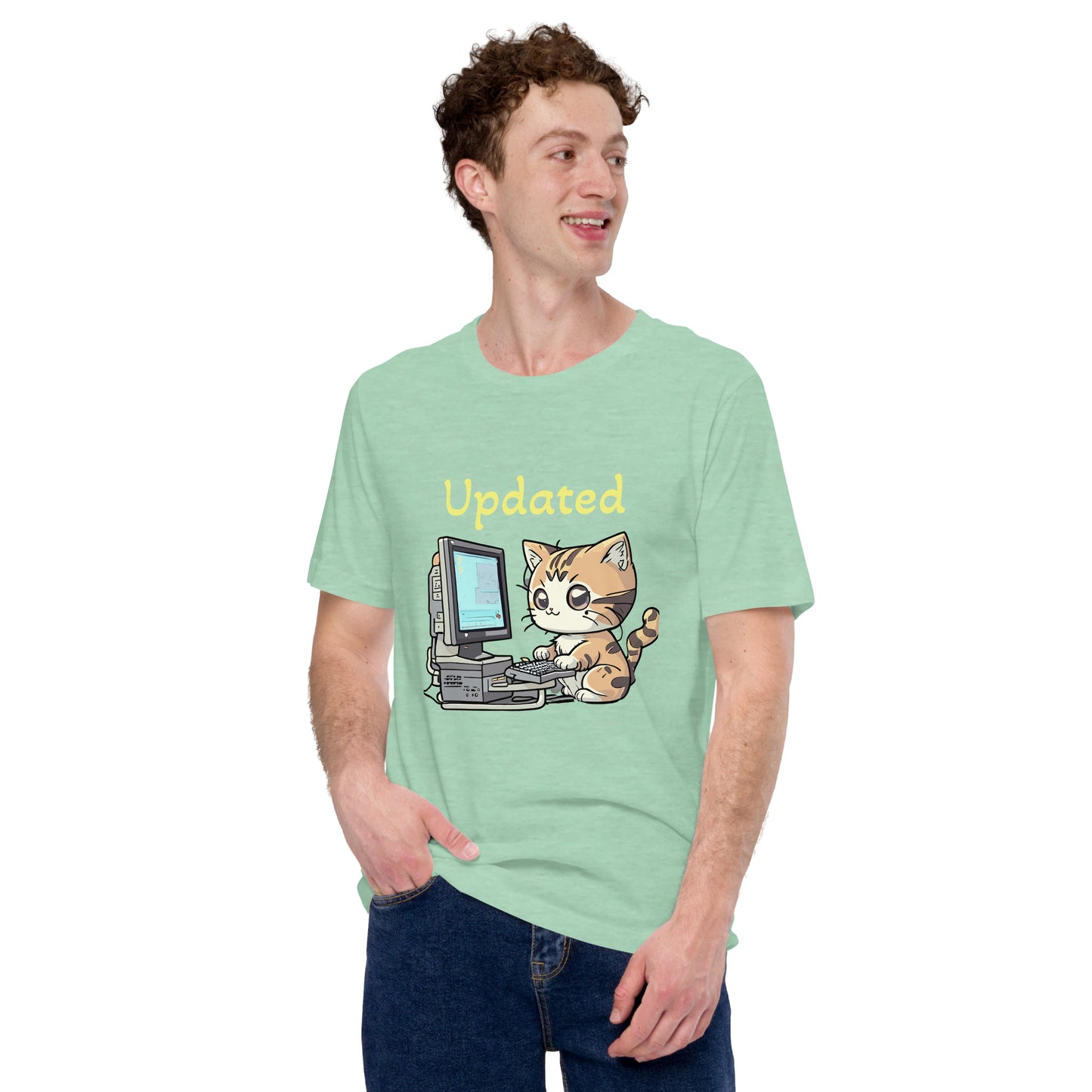 cat with computer print t-shirt