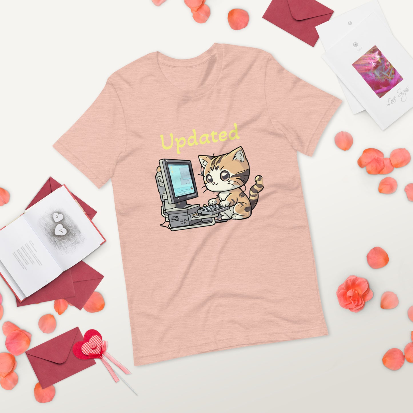 cat with computer print t-shirt