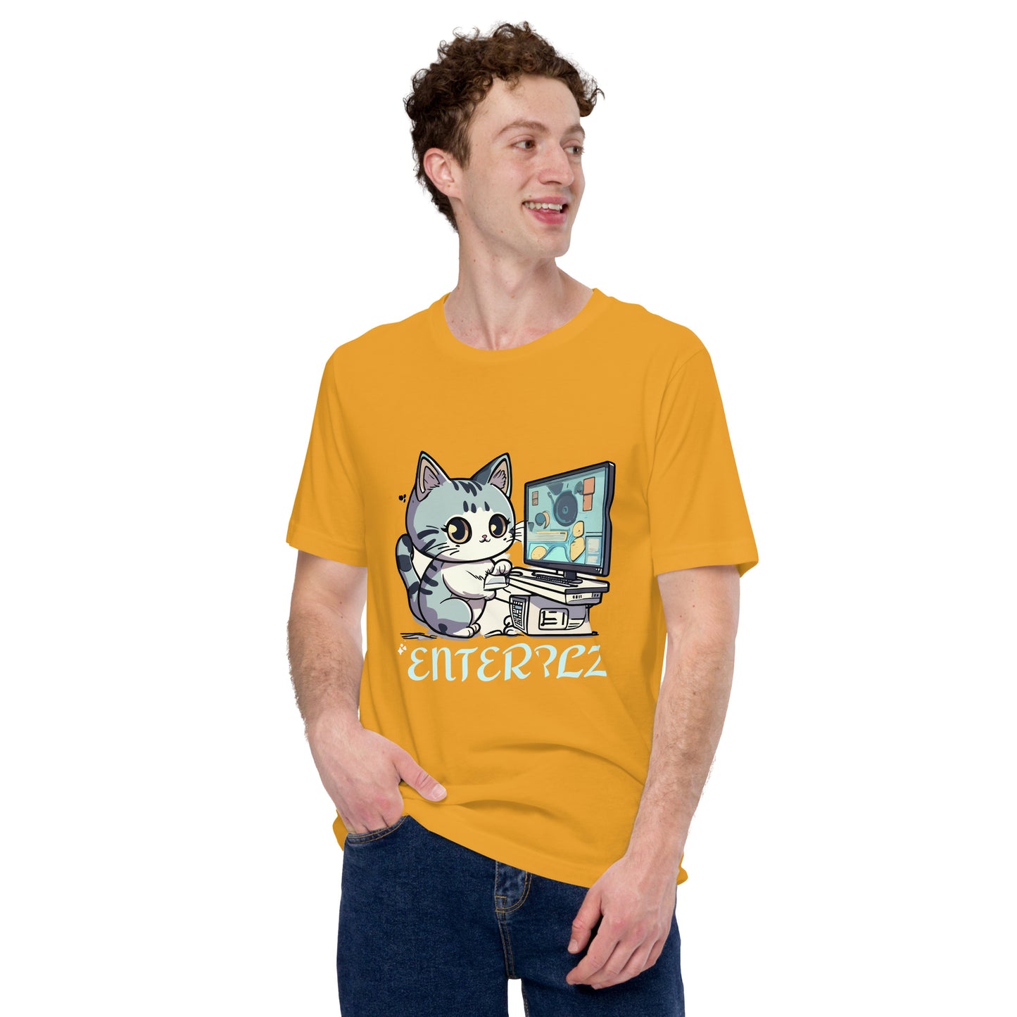 cat on computer print t-shirt