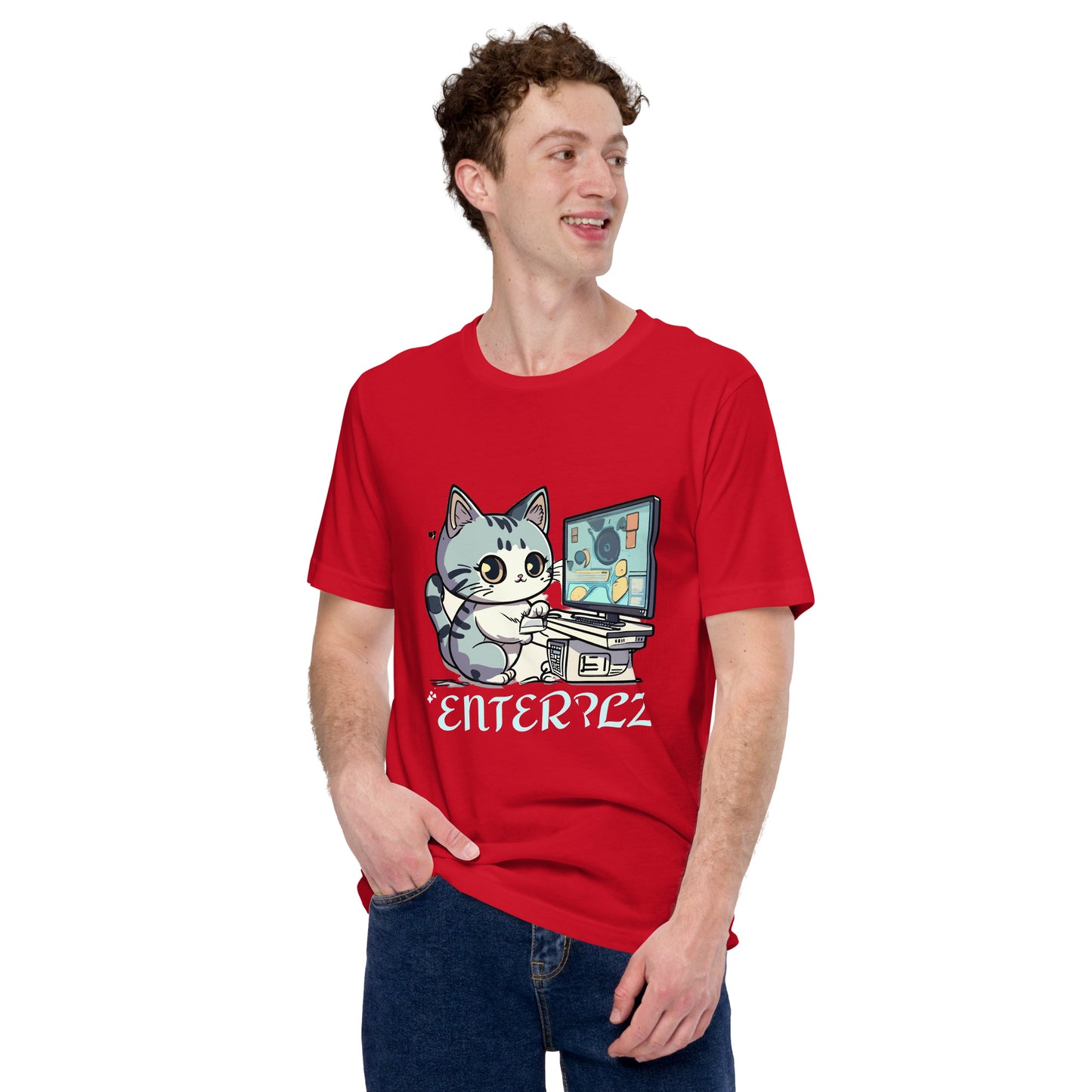 cat on computer print t-shirt