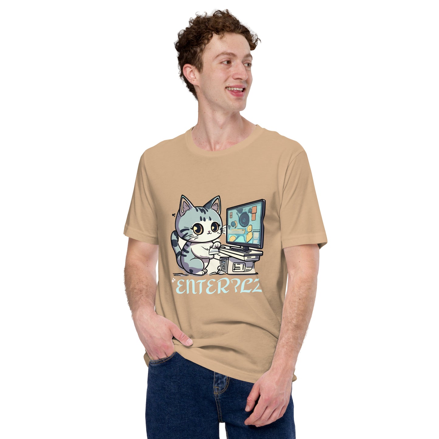 cat on computer print t-shirt