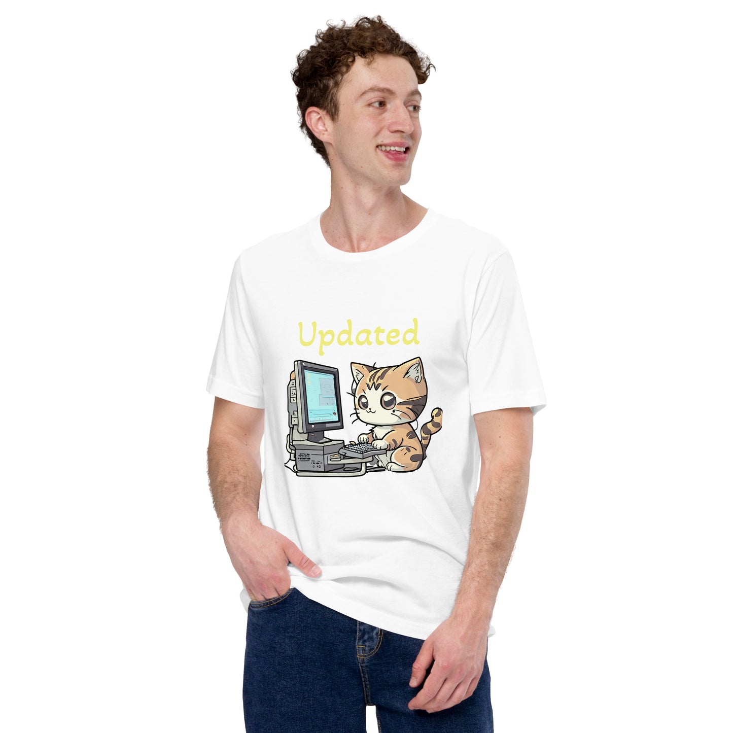 cat with computer print t-shirt